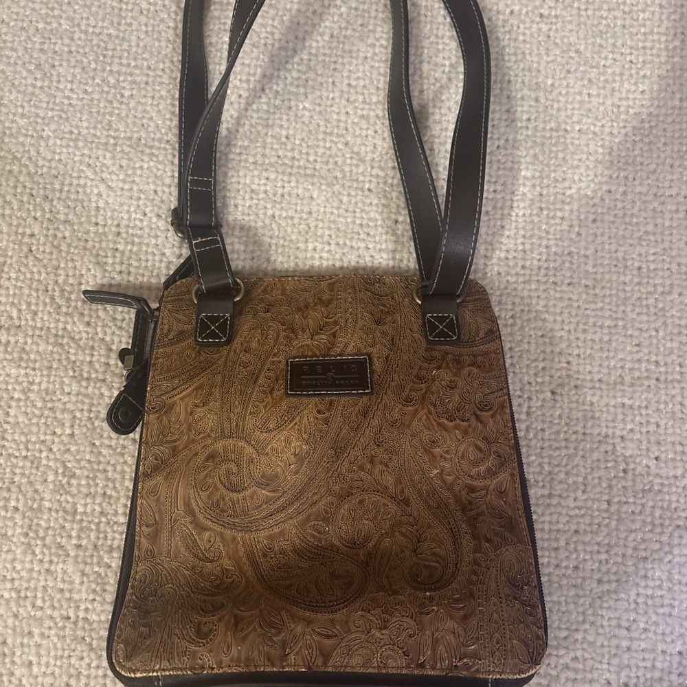 Relic Purse Brown Embossd Paisly Faux Leather Crossbody Strap Pockets